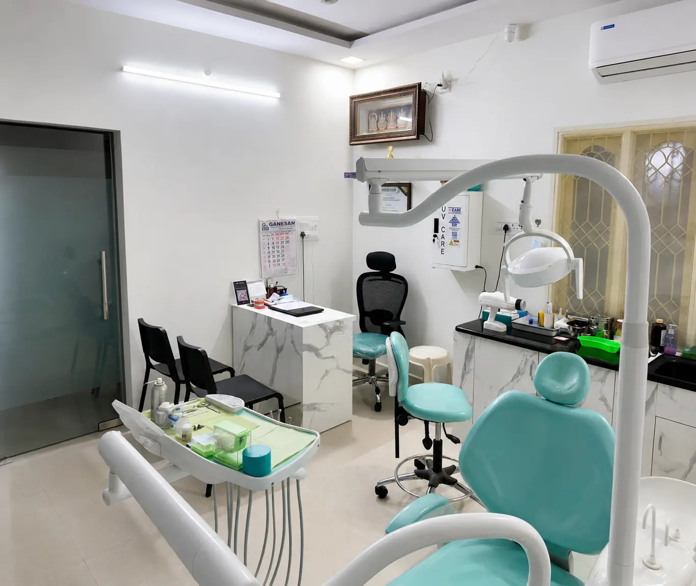 Contemporary treatment room at Dr. Ranjith's Dental Art