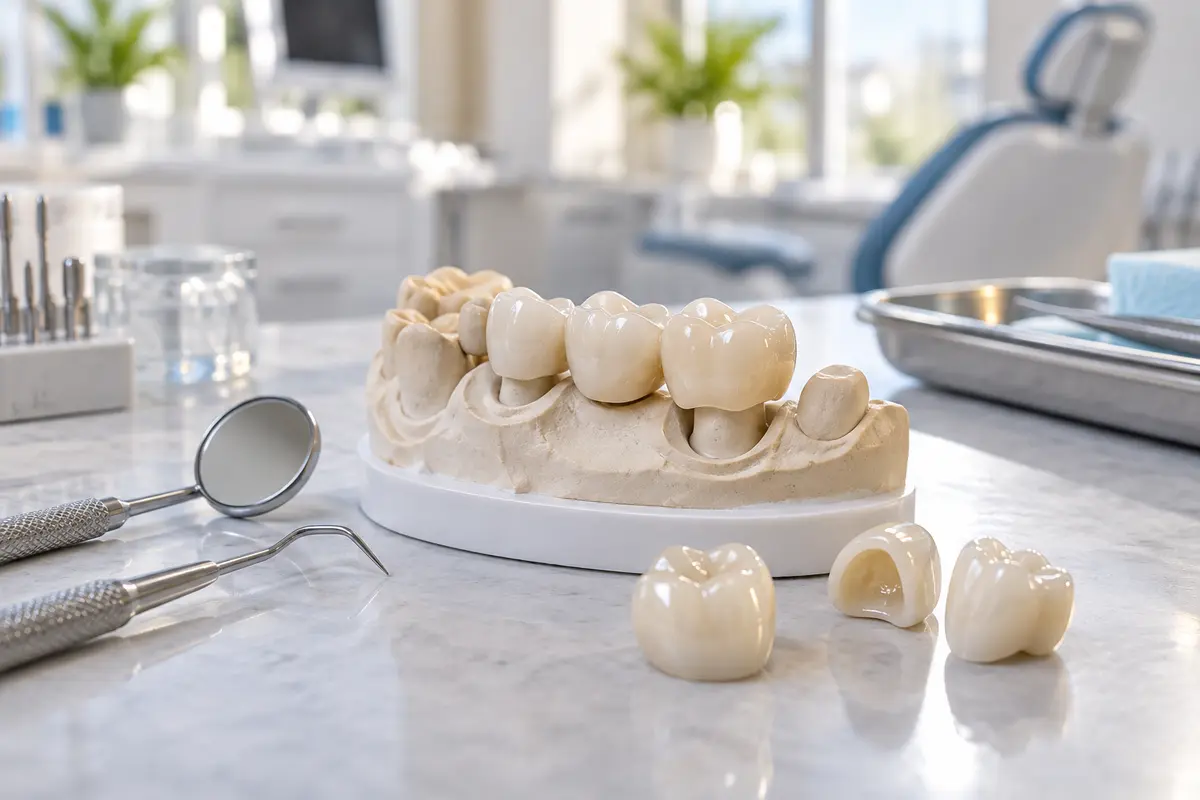 Ceramic crowns and bridge on a dental model