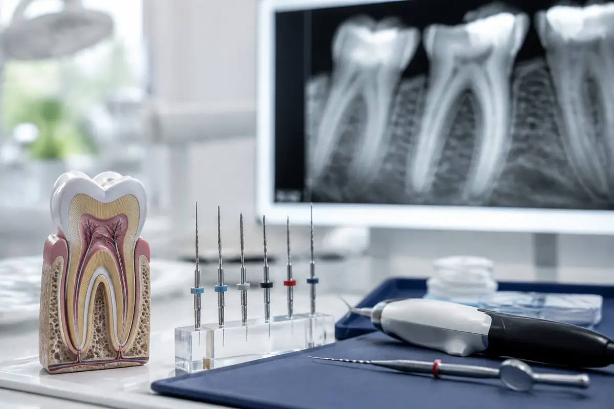 Endodontic instruments and dental radiograph for root canal planning